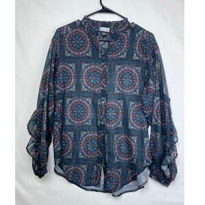 Tasha Polizzi Womens Med Blue Sheer Geo Print Long Sleeve Button Up Blouse